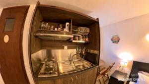 萨莫色雷斯Sun Oniro Studio的木制橱柜内带水槽的厨房