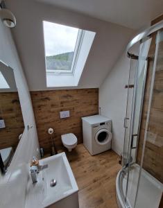 BystraDomek Pod Klimczokiem的一间带水槽和卫生间的浴室以及窗户。