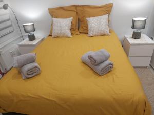 斯特拉斯堡PORTE DE FRANCE的一间卧室配有黄色的床和毛巾