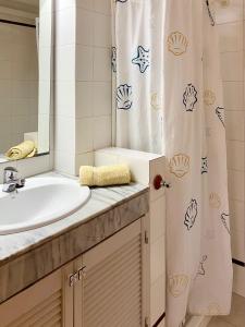 索列尔Apartment mit Traumblick的一间带水槽和淋浴帘的浴室