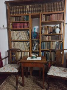 MinişLA Amadeus & Monica的书架上摆放着书,上面摆放着桌子和两把椅子