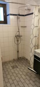 斯德哥尔摩斯德哥尔摩经典经济旅舍的带淋浴的浴室和瓷砖地板。