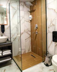 里泽Grand 464 Otel的浴室里设有玻璃门淋浴