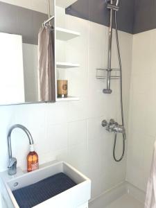 拉克鲁瓦瓦尔梅STUDIO POOL HOUSE VUE MER PANORAMIQUE AMAZING SEA VIEW WIFI LINGE INCLUT LINEN INCLUDEd的一间带水槽和淋浴的浴室