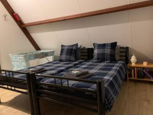 拉纳肯Ferias E55的一间卧室配有一张带蓝色铺面毯子的床
