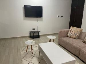 库马西Bright & Beautiful 2-Bed Apartment, Central Kumasi的带沙发和电视的客厅