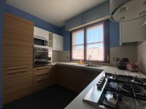 韦尔切利Chicco Apartment Small Business的厨房设有蓝色的墙壁、水槽和炉灶。