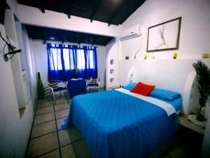 萨利纳斯Hotel Cocos的一间卧室配有一张蓝色的床和红色枕头