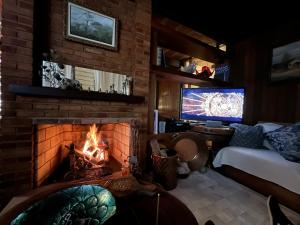 特雷索波利斯Casa Holanda的客厅设有壁炉和电视。