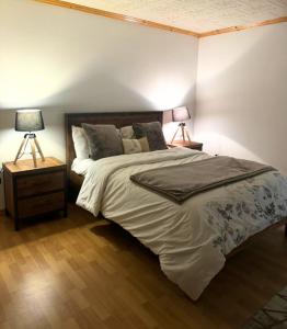 苏必利尔湖Super Private property. Relaxing five bedroom的一间卧室配有一张大床和两盏灯。