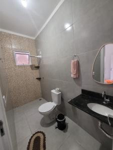 奥林匹亚Vô Pedrinho的一间带卫生间、水槽和镜子的浴室
