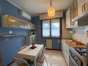 韦尔切利Chicco Apartment light的厨房拥有蓝色的墙壁,配有桌椅