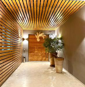 马拉喀什查顿德瑟别墅酒店的走廊上设有木制天花板和两株盆栽植物