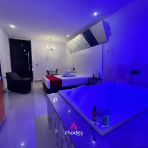 卡鲁阿鲁Rhodes Hotel Caruaru的卧室配有床和浴缸