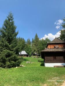 利普托斯基米库拉斯Chalupa Liptovský domček的树旁田野的小木屋