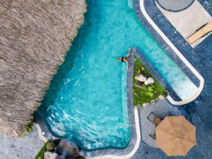 福尔图纳Arenal Manoa Resort & Hot Springs的游泳池顶部景,带遮阳伞