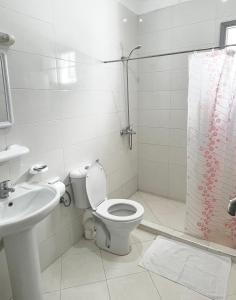 丹吉尔Hotel Mauritania的白色的浴室设有卫生间和淋浴。