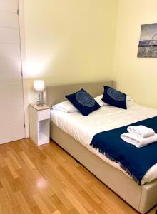 蒙扎Luxury Four-Room Apartment in Monza Centro - 2 min walk to Train Station的一间卧室配有两张带蓝色枕头的床