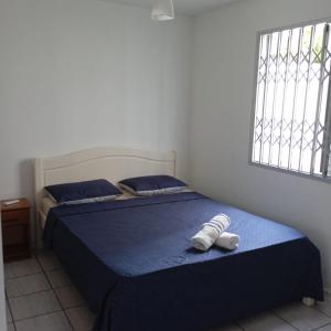 弗洛里亚诺波利斯Residencial Larissa Elena的一间卧室配有一张带蓝色床单的床和一扇窗户。