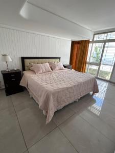 门多萨Casa Barrio Bombal的卧室配有一张带粉红色枕头的大床
