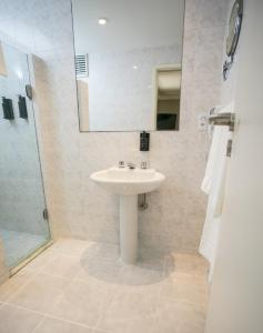 里约热内卢Regency Park Hotel - SOFT OPENING的一间带水槽、镜子和淋浴的浴室