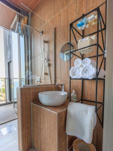 NishinouraAlba HOTEL & Glamping的一间带水槽和一些毛巾的浴室