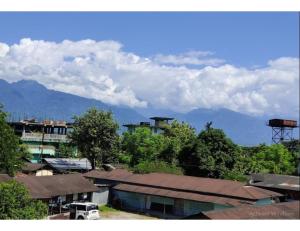 帕西加特Serene Guest House, Pasighat, Arunachal Pradesh的一组以山为背景的建筑和树木