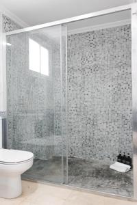 塞维利亚MonKeys Apartments Lumbreras Deluxe的浴室设有玻璃淋浴间和卫生间