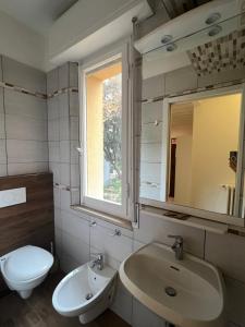 里米尼伊塔拉别墅酒店的一间带水槽、卫生间和镜子的浴室