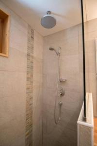 里雾诗Le Lac - Servoz - Appartement paisible de 70m²的浴室里设有玻璃门淋浴