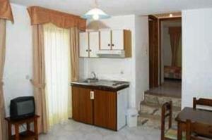 卡尔帕索斯奥德赛公寓式酒店的一个带水槽的厨房和客房内的电视