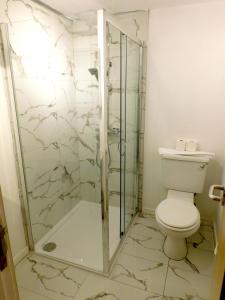 格拉斯哥Fabulous 2 bed apt 10 mins from City Centre的一间带卫生间和玻璃淋浴间的浴室