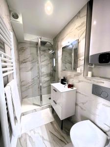 蒙特勒伊La Maison Hugo的带淋浴、卫生间和盥洗盆的浴室