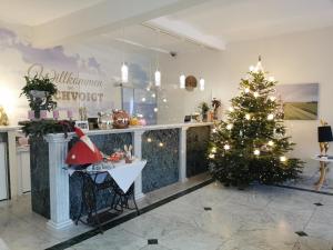 库克斯港戴赫沃格特酒店的一间房间中间的圣诞树,有一个柜台