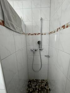 福森Ferienhaus Elisabeth的白色瓷砖浴室设有淋浴。