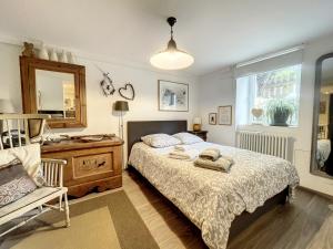 斯特拉斯堡Petit Nid的一间卧室配有一张床、一把椅子和镜子