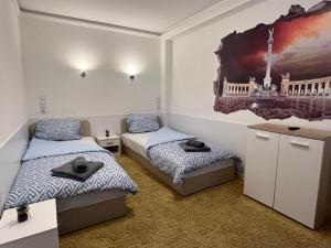 布达佩斯Fancy home Budapest的一间设有两张床的客房,墙上挂着一幅画