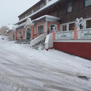 陶普利茨淘伯利兹霍夫酒店的前面的地面上积雪的建筑