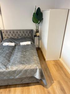 科隆Kölner City Apartment direkt am Zentrum Nähe Hbf的一间卧室配有一张带银色床罩的床