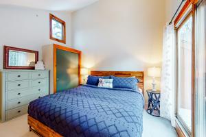 Sugarbush VillageSugar Run #5的一间卧室设有蓝色的床和窗户。