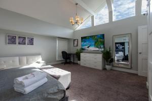 杰克逊维尔Jacksonville Newly Renovated Stylish 3BR Downtown的一间卧室配有一张床和一台电视。