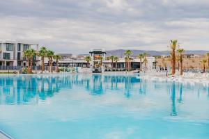 圣乔治Anchor Oasis #87 condo的一座拥有棕榈树和建筑的大型蓝色海水游泳池