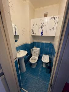 PrigorodnyyHouse near airport ЖК ЮГ的蓝色瓷砖浴室设有卫生间和水槽