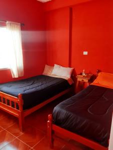 麦马拉Maimara Host的红色墙壁客房的两张床