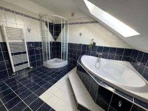 塔霍夫Dům Julie的蓝色瓷砖浴室设有浴缸和淋浴。