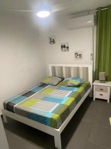 萨莱比梅Le Cocon Des Îles的卧室内的一张床位,配有绿色窗帘