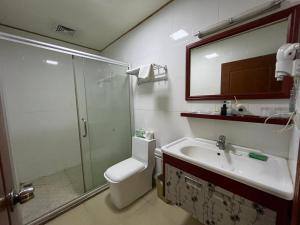 努库阿洛法Meida Hotel的浴室配有卫生间、盥洗盆和淋浴。