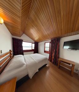 阿基塔尼亚Hotel Refugio Santa Ines的一间卧室配有一张大床和一台平面电视