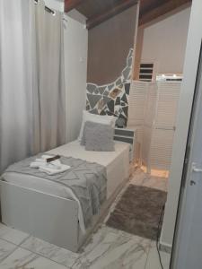 三河市VillaBadlou "Lodge Ti-Kaco Vanille"的一间小卧室,配有一张床和镜子