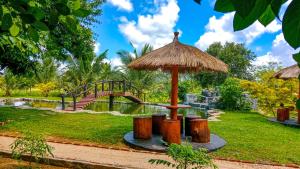 锡吉里亚Ceylon Amigos Eco Resort的公园里带草伞的桌子